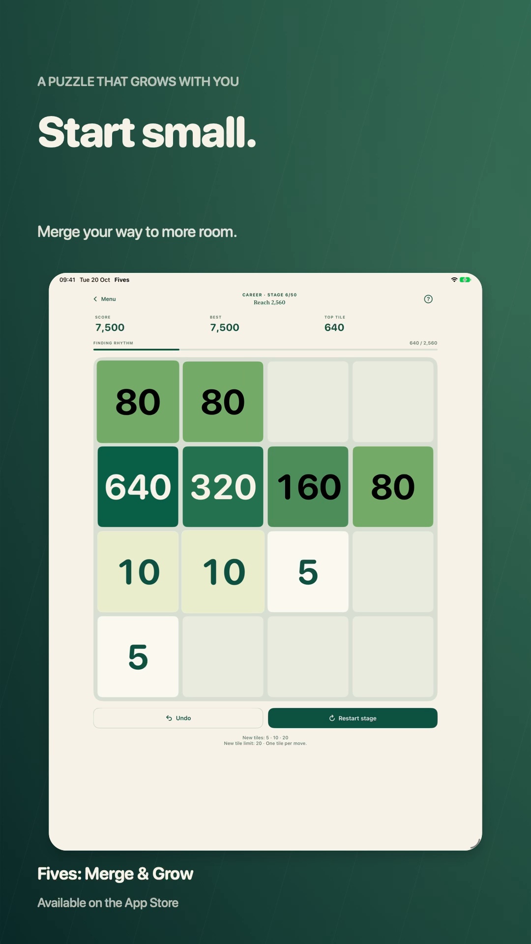 Start small. Earn more room: Fives growing-board clip poster.